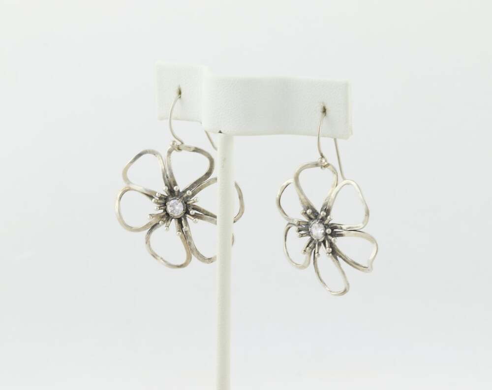 Sterling Silver Cubic Zirconia Flower Earrings Dangle Drop Israel 1 3/4" X 1 1/8 - Picture 5 of 7